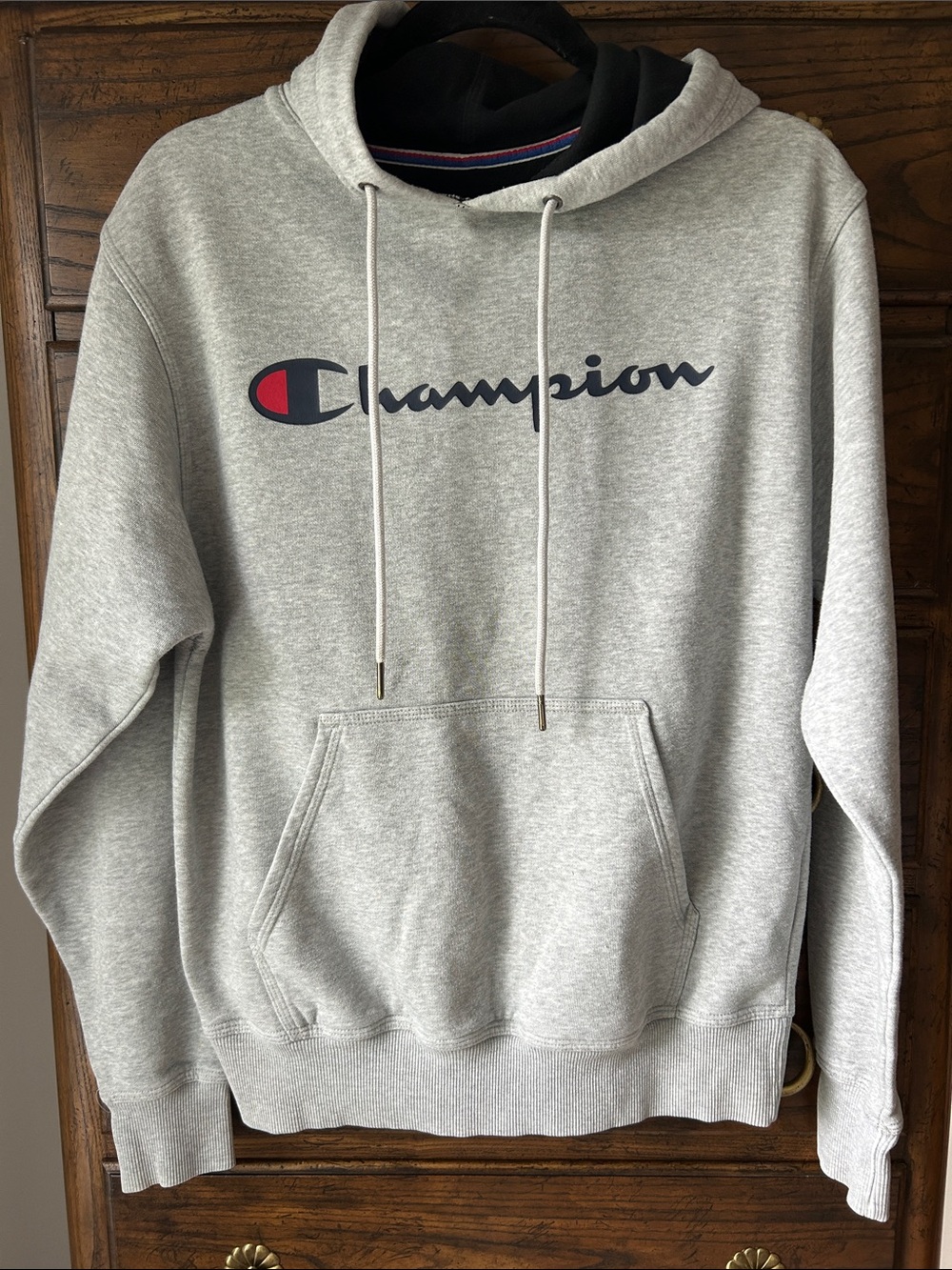Champion Men’s Classic Light Gray Hoodie with Navy and Red Logo, Size S